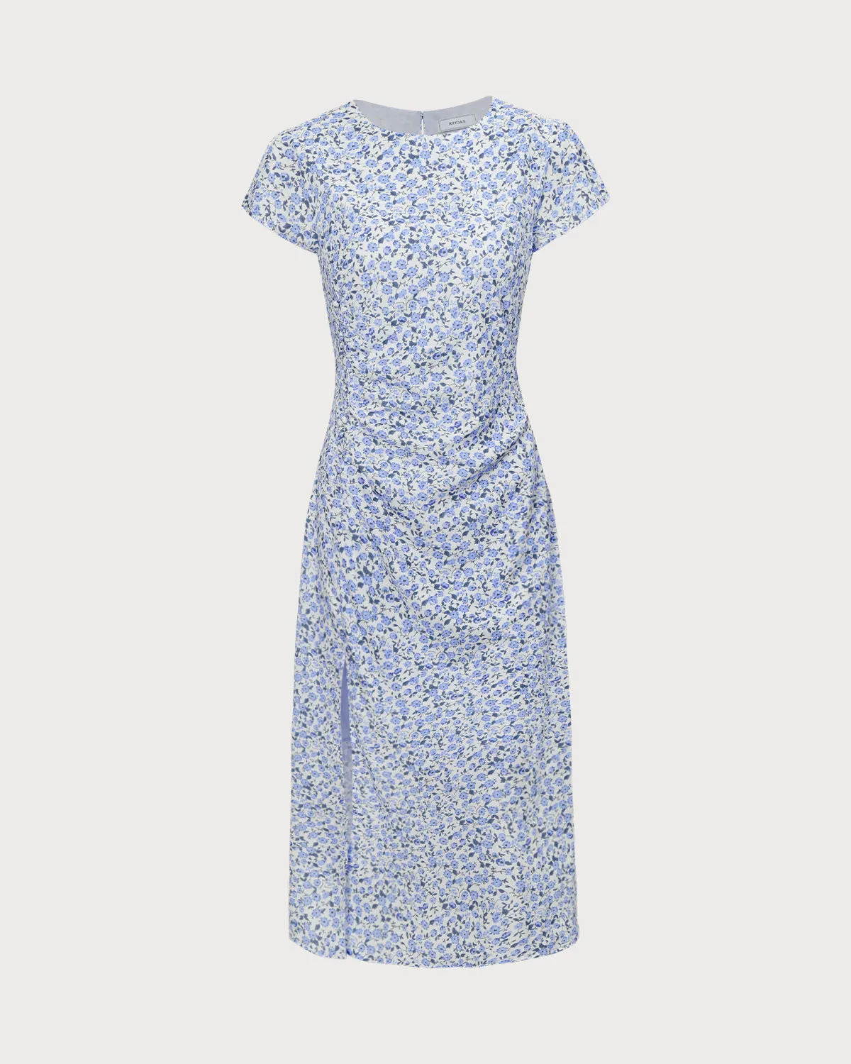 The Blue Round Neck Floral Slit Midi Dress