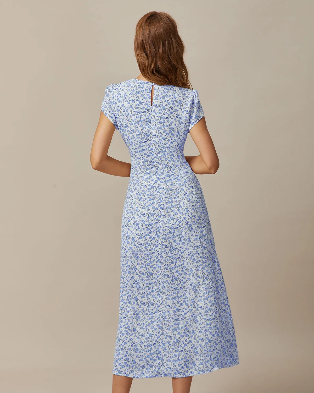 The Blue Round Neck Floral Slit Midi Dress