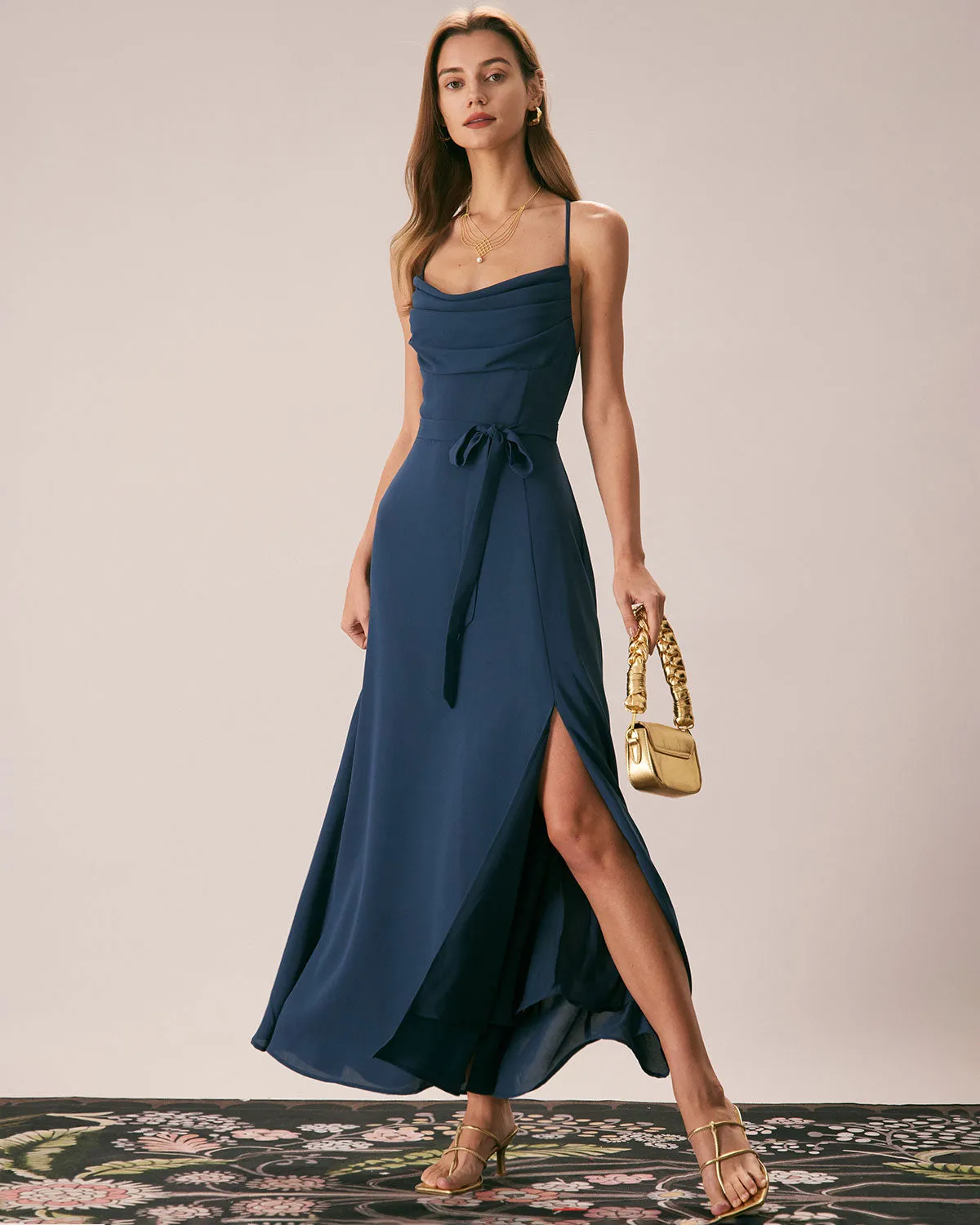 The Navy Cowl Neck Cutout Back Maxi Dress