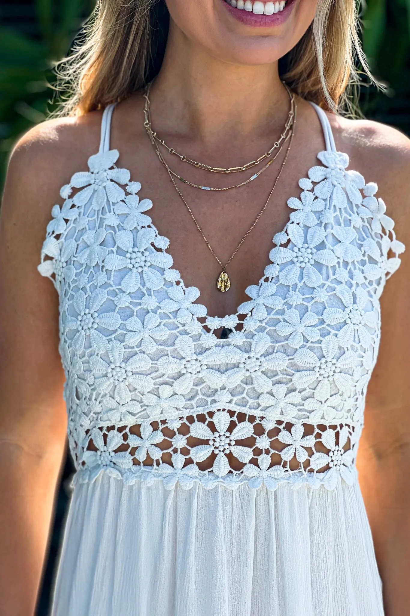 White Floral Crochet Top Maxi Dress