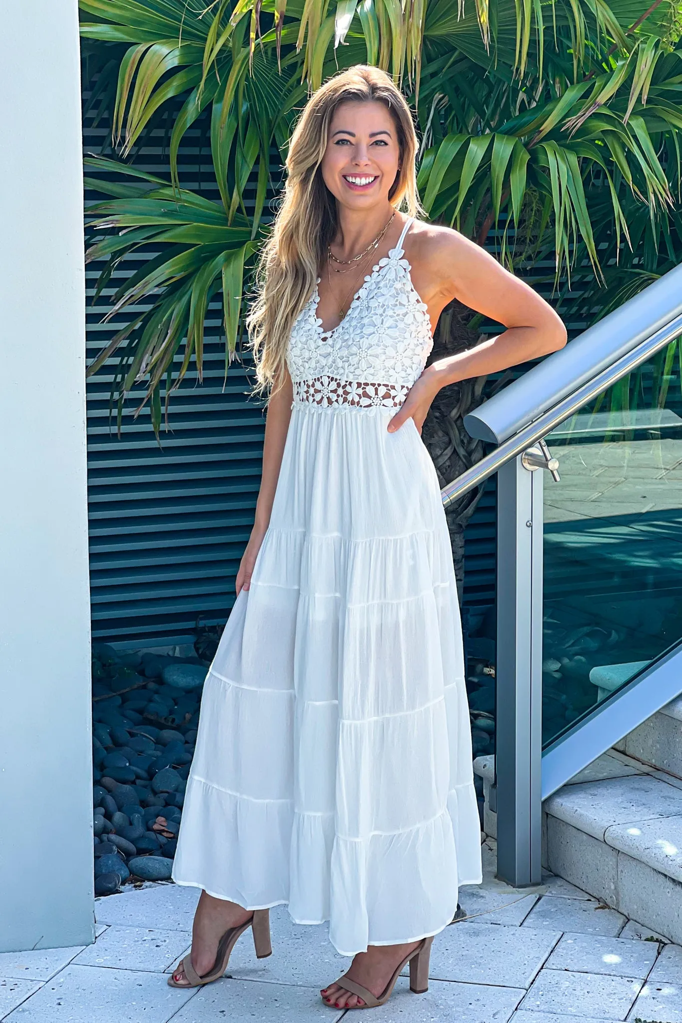 White Floral Crochet Top Maxi Dress