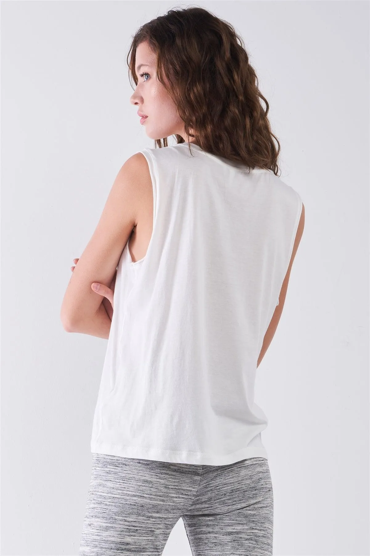 White Solid Sleeveless Raw Hem Detail Round Neck Basic Tank Top