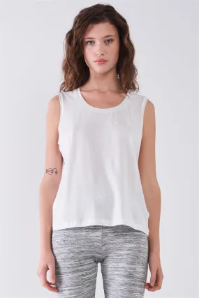 White Solid Sleeveless Raw Hem Detail Round Neck Basic Tank Top