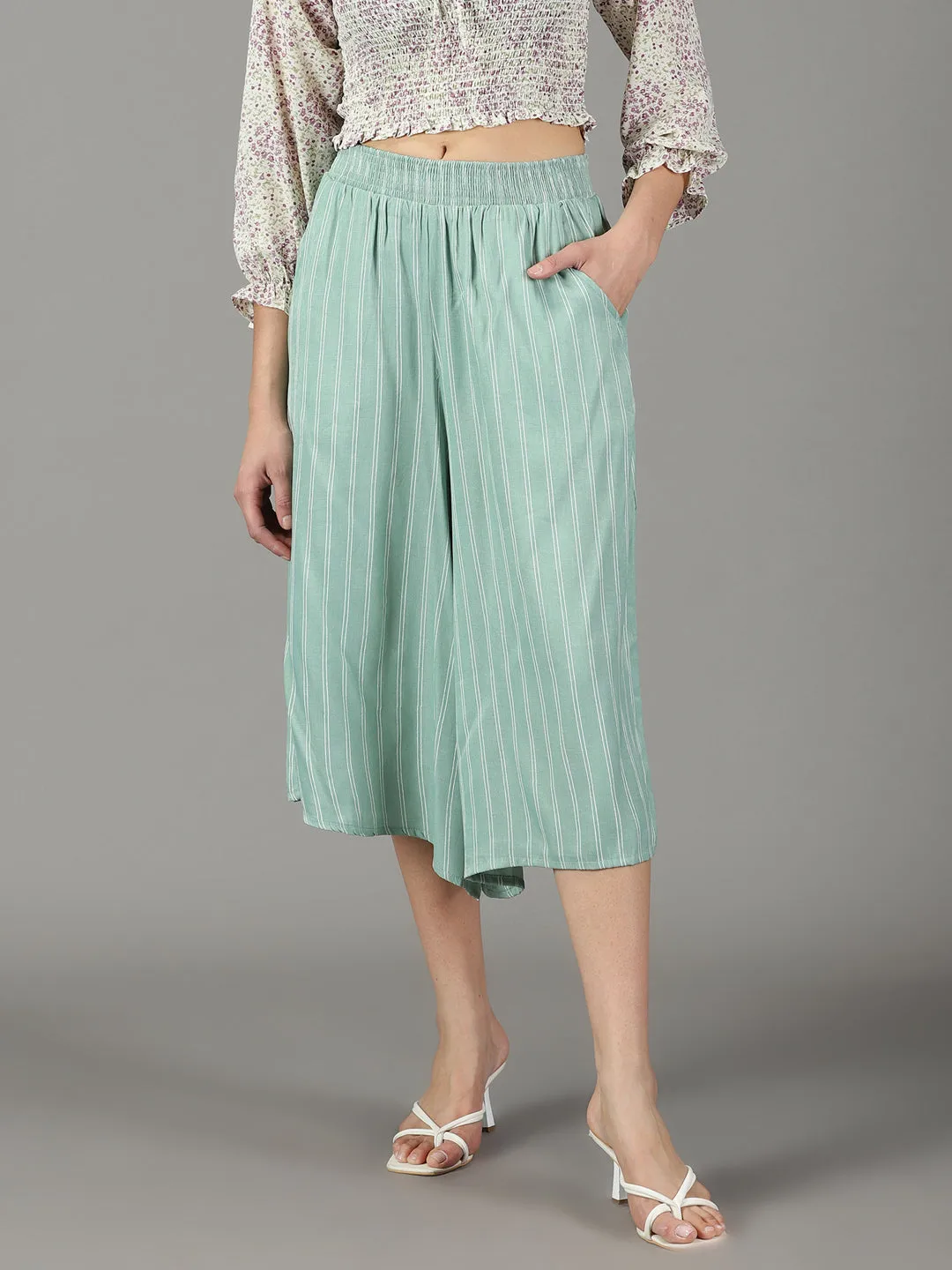 Women's Sea Green Striped Culottes