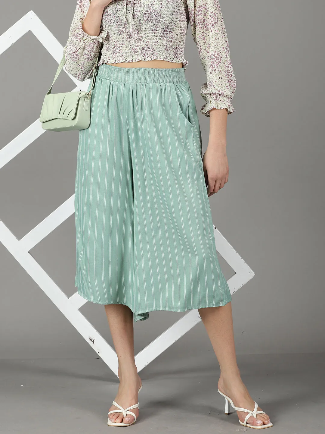 Women's Sea Green Striped Culottes