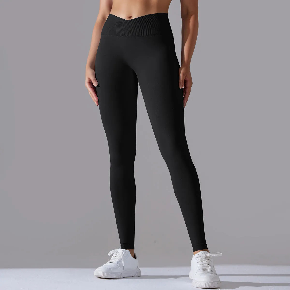 Women's Seamless Knit Breathable Solid Color Cross Waist Yoga Trousers